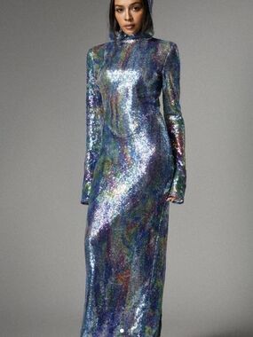 Iridescent Multi-Tone Sequin Long-Sleeve Maxi Dress